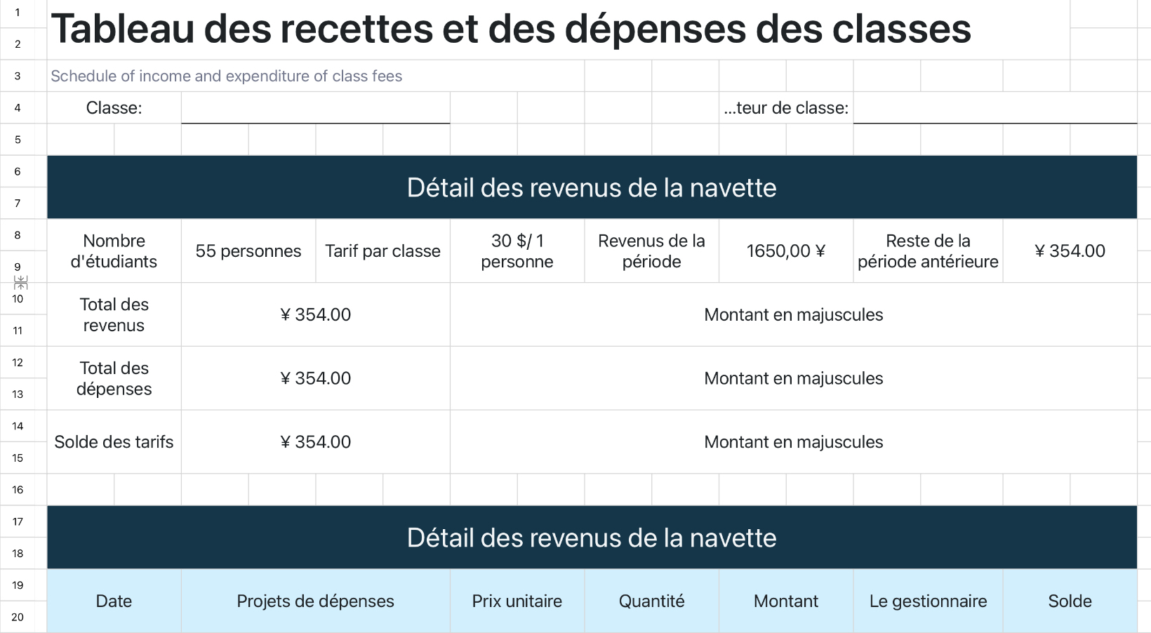 Tableau des recettes et des dépenses des classes